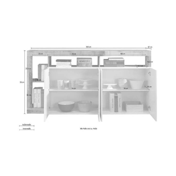 Buffet HAMBURG 4 portes – Blanc laqué brillant / Chêne Cadiz