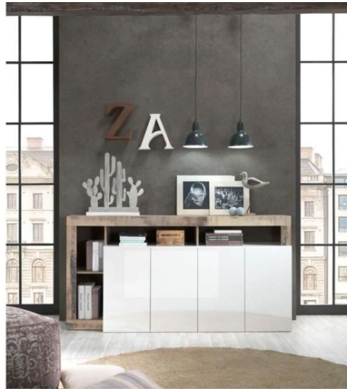 Buffet HAMBURG 4 portes – Blanc laqué brillant / Chêne Cadiz