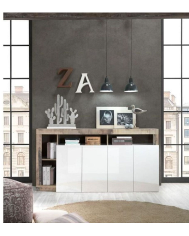 Credenza HAMBURG 4 ante – Bianco laccato lucido / Rovere Cadiz