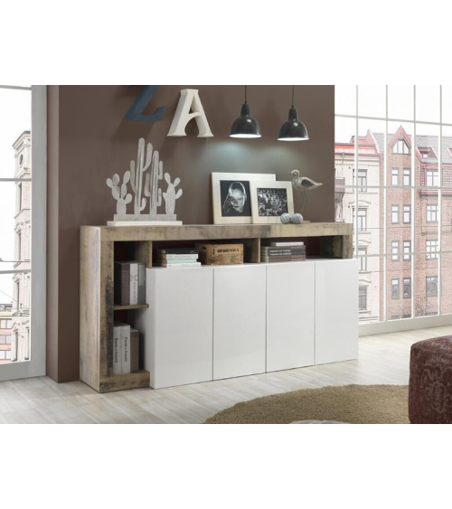 Buffet HAMBURG 4 portes – Blanc laqué brillant / Chêne Cadiz