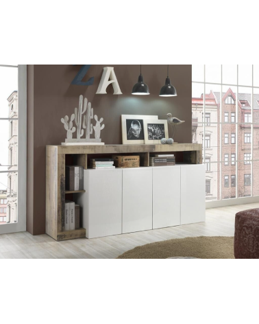 Aparador HAMBURG 4 puertas – Blanco lacado brillo / Roble Cadiz