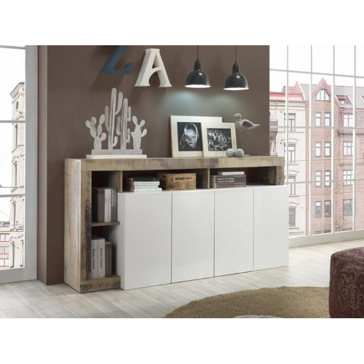 Buffet HAMBURG 4 portes – Blanc laqué brillant / Chêne Cadiz