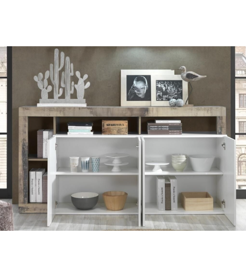 Buffet HAMBURG 4 portes – Blanc laqué brillant / Chêne Cadiz