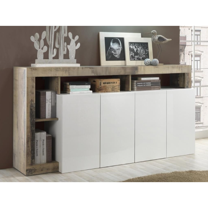 Buffet HAMBURG 4 portes – Blanc laqué brillant / Chêne Cadiz