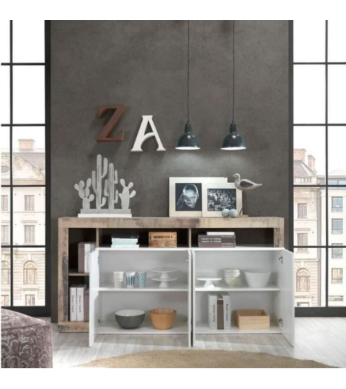 Buffet HAMBURG 4 portes – Blanc laqué brillant / Chêne Cadiz