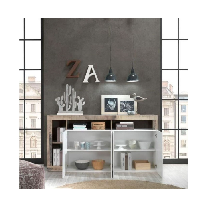 Buffet HAMBURG 4 portes – Blanc laqué brillant / Chêne Cadiz