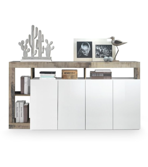 Buffet HAMBURG 4 portes – Blanc laqué brillant / Chêne Cadiz