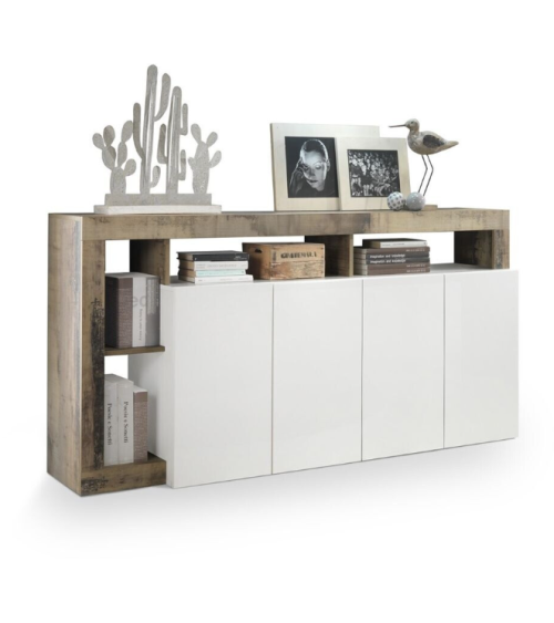Buffet HAMBURG 4 portes – Blanc laqué brillant / Chêne Cadiz