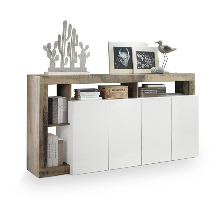 Buffet HAMBURG 4 portes – Blanc laqué brillant / Chêne Cadiz