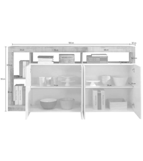 Credenza HAMBURG 4 ante – Bianco laccato lucido / Rovere Cadiz