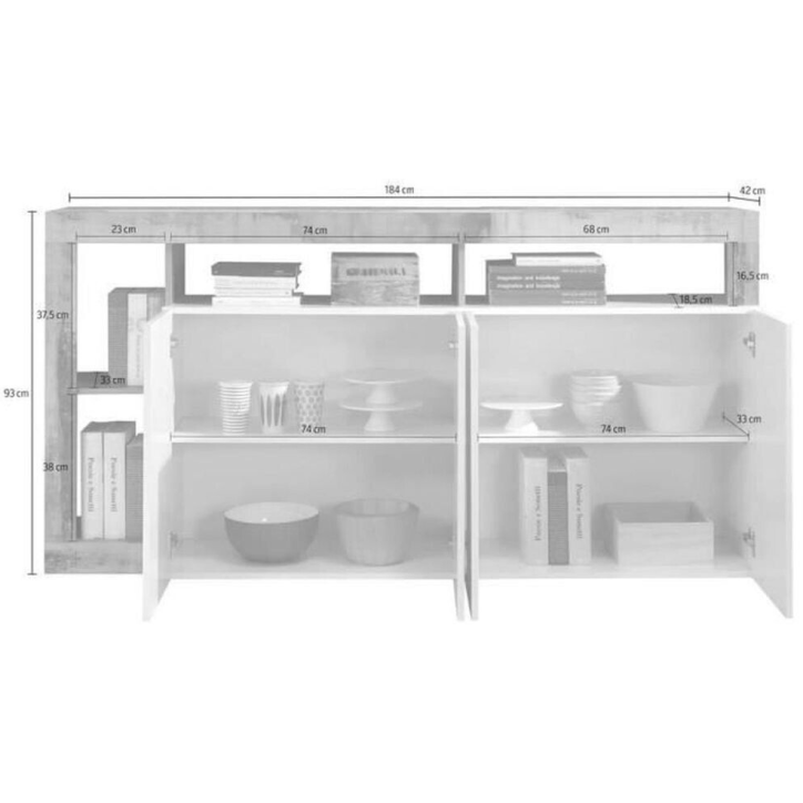 Buffet HAMBURG 4 portes – Blanc laqué brillant / Chêne Cadiz