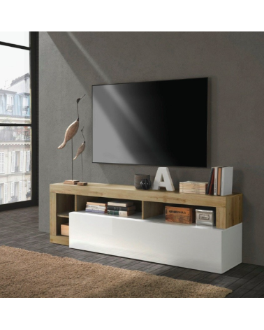 Meuble TV HAMBOURG – Blanc laqué brillant / Chêne Cadiz