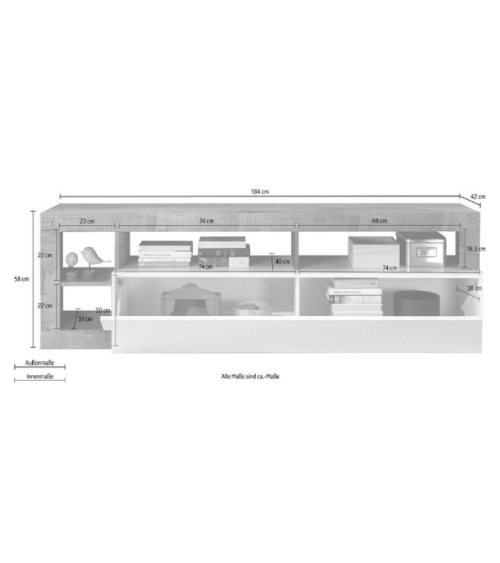 Mobile TV HAMBOURG – Bianco laccato lucido / Rovere Cadiz