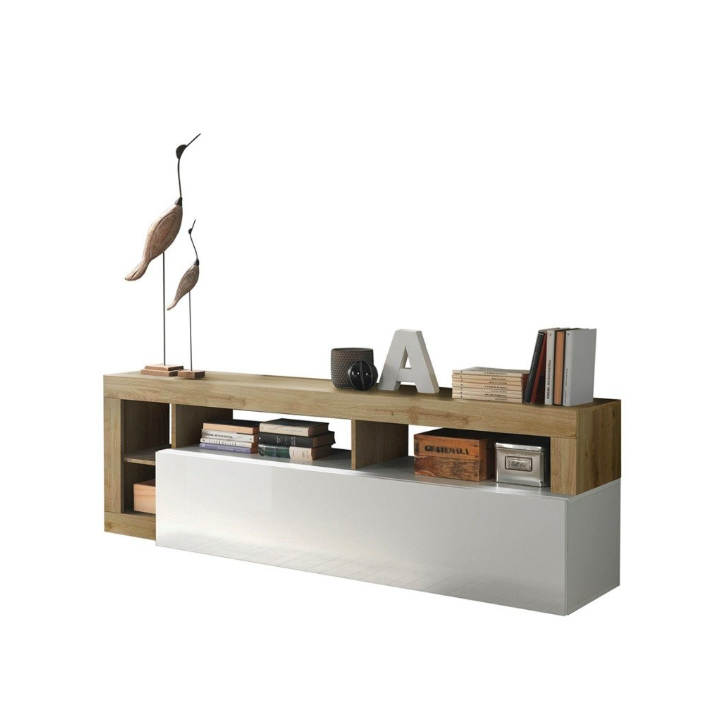 Mueble TV HAMBOURG – Blanco lacado brillo / Roble Cadiz