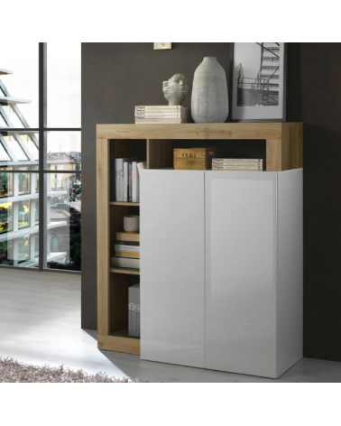 Buffet HAMBURG – Blanc laqué brillant / Chêne Cadiz