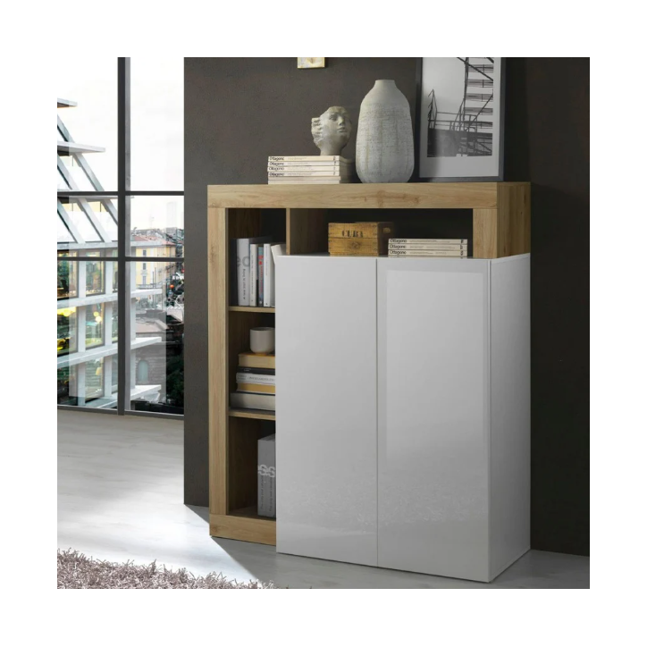 Credenza HAMBURG – Bianco laccato lucido / Rovere Cadiz
