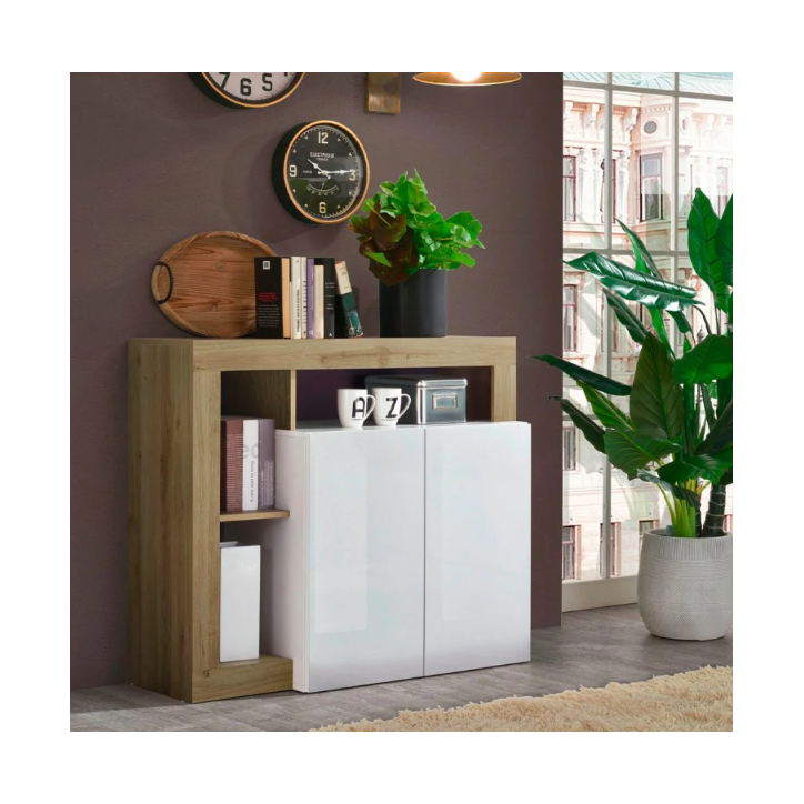 Buffet HAMBURG – Blanc laqué brillant / Chêne Cadiz