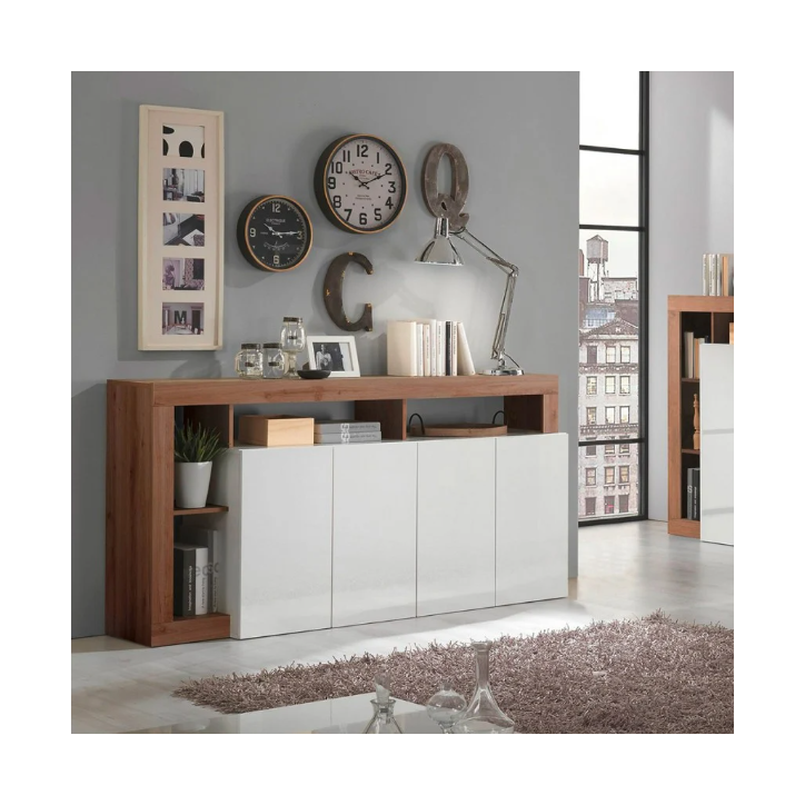 Credenza HAMBURG – Bianco laccato lucido / Legno Mercurio