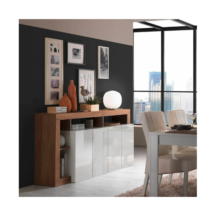 Buffet HAMBURG – Blanc laqué brillant / Bois Mercure