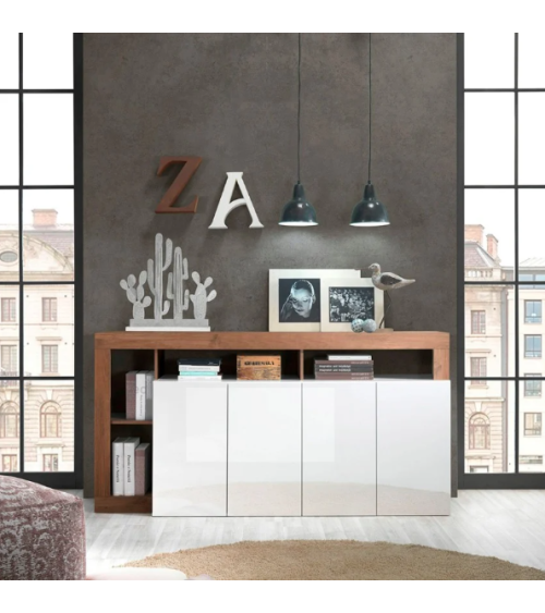 Buffet HAMBURG – Blanc laqué brillant / Bois Mercure