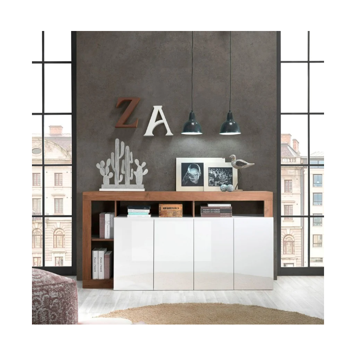 Buffet HAMBURG – Blanc laqué brillant / Bois Mercure
