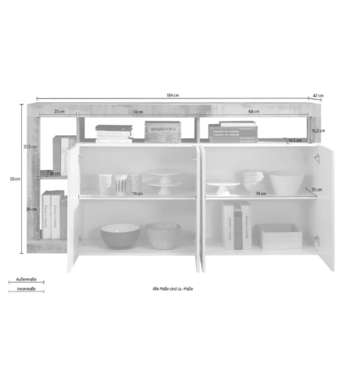 Credenza HAMBURG – Bianco laccato lucido / Legno Mercurio
