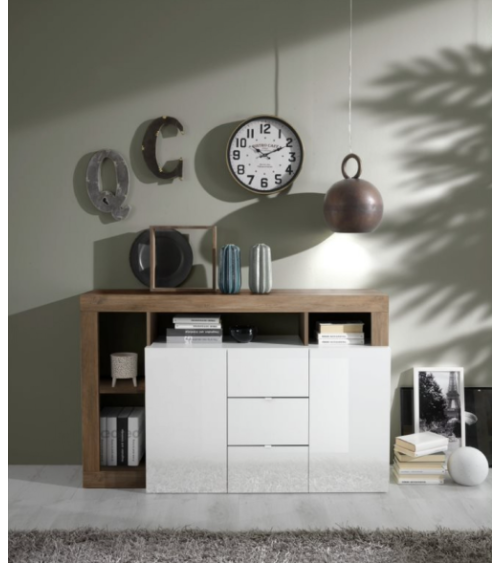 Buffet HAMBURG 2 portes et 3 tiroirs – Blanc laqué brillant / Bois Mercure
