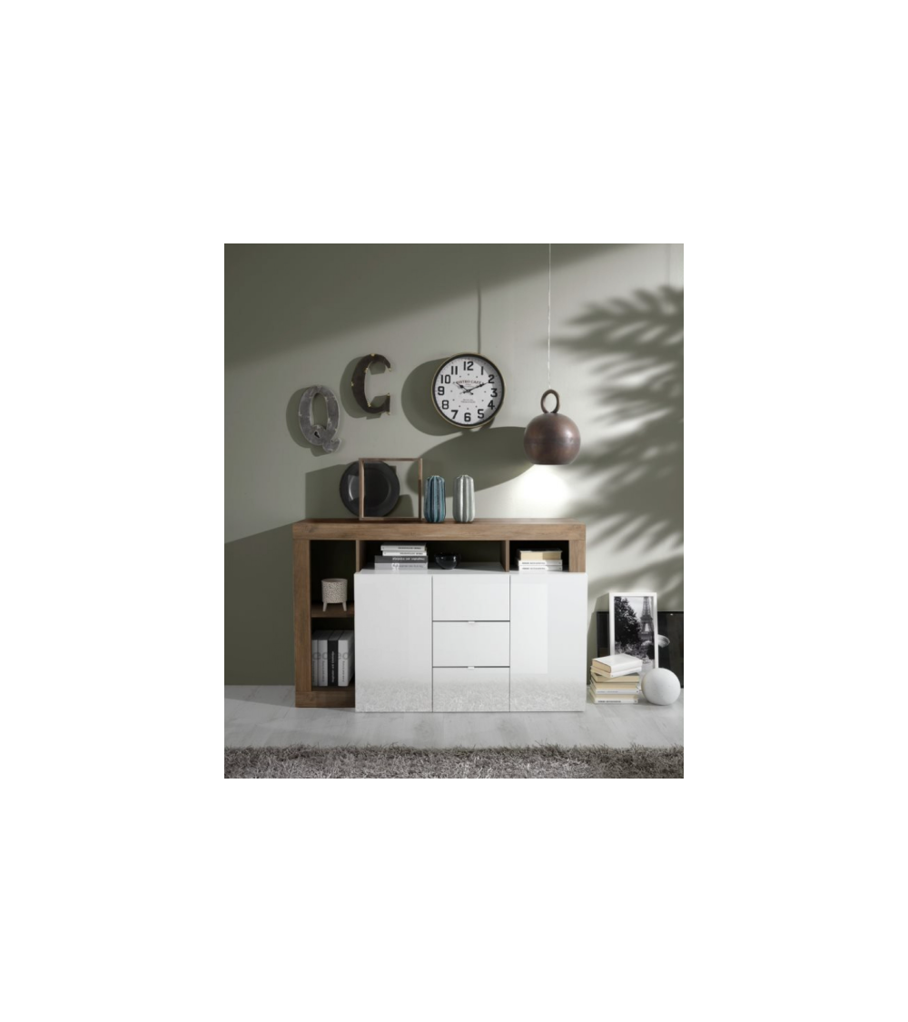 Buffet HAMBURG 2 portes et 3 tiroirs – Blanc laqué brillant / Bois Mercure
