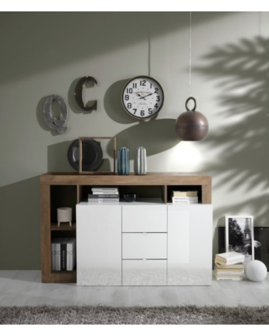 Aparador HAMBURG 2 portas e 3 gavetas – Branco lacado brilhante / Madeira Mercúrio
