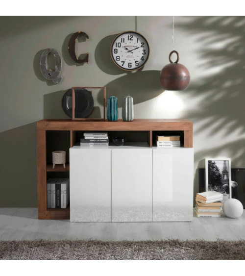 Aparador HAMBURG 3 puertas – Blanco lacado brillo / Madera Mercurio
