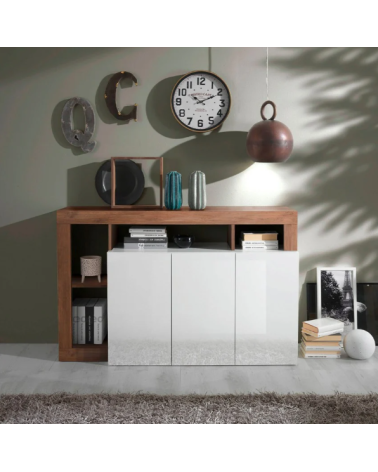 Credenza HAMBURG 3 ante – Bianco laccato lucido / Legno Mercurio