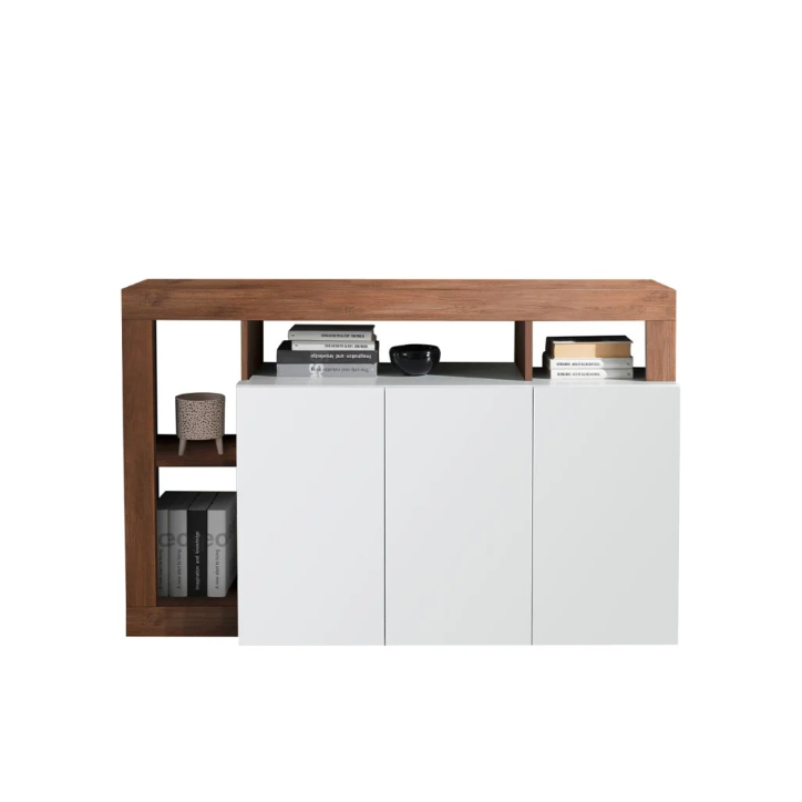 Buffet HAMBURG 3 portes – Blanc laqué brillant / Bois Mercure