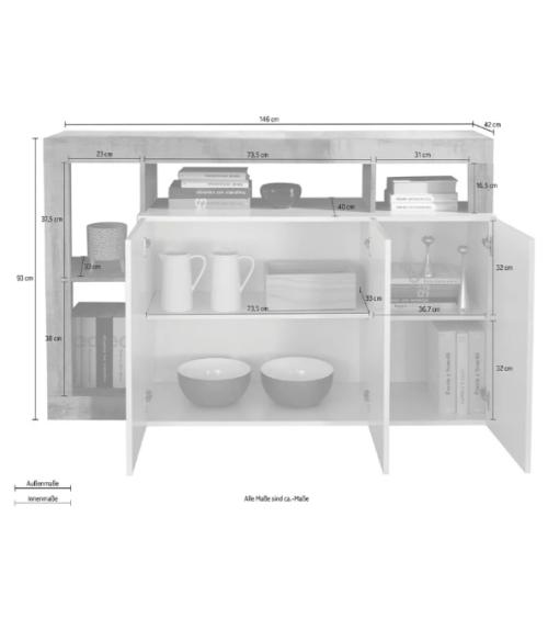 Aparador HAMBURG 3 portas – Branco lacado brilhante / Madeira Mercúrio