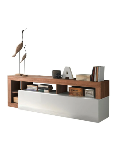 Meuble TV HAMBURG – Blanc laqué brillant / Bois Mercure