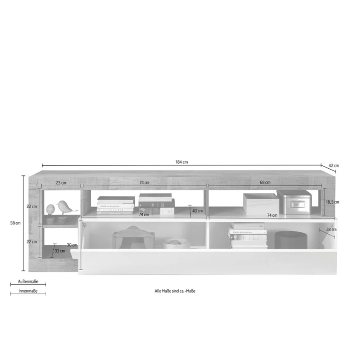 Meuble TV HAMBURG – Blanc laqué brillant / Bois Mercure