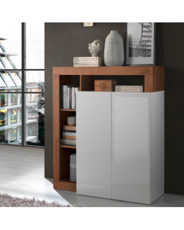 Credenza HAMBURG – Bianco laccato lucido / Legno Mercurio