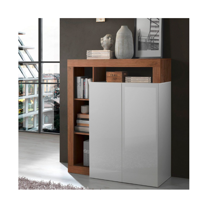 Credenza HAMBURG – Bianco laccato lucido / Legno Mercurio