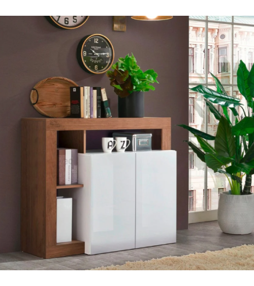 Buffet HAMBURG – Blanc laqué brillant / Bois Mercure