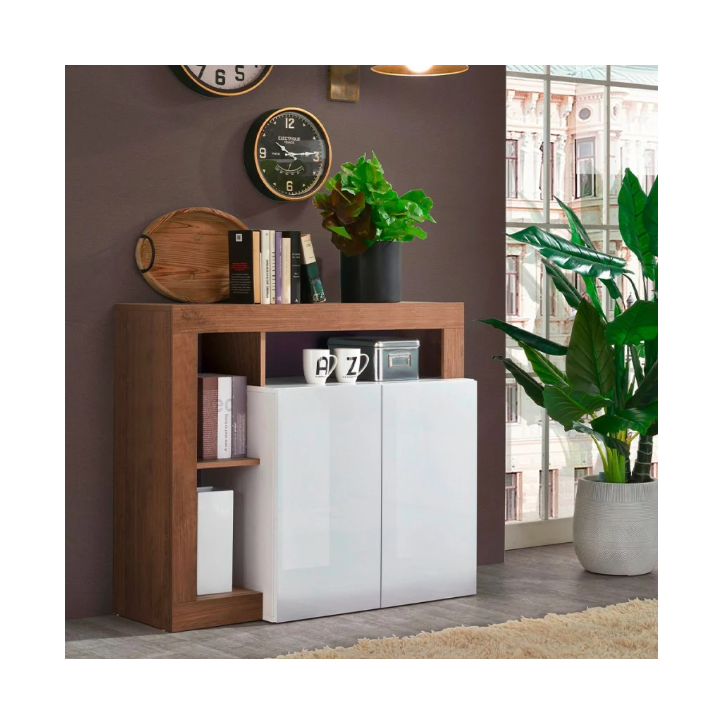 Buffet HAMBURG – Blanc laqué brillant / Bois Mercure