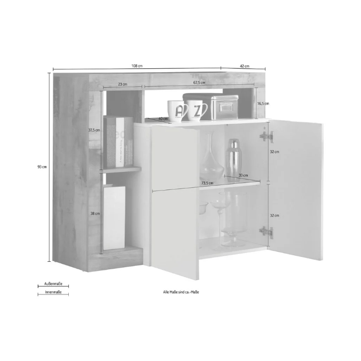 Credenza HAMBURG – Bianco laccato lucido / Legno Mercurio