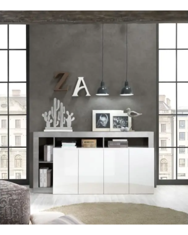Aparador HAMBURG – Blanco lacado brillo / Hormigón