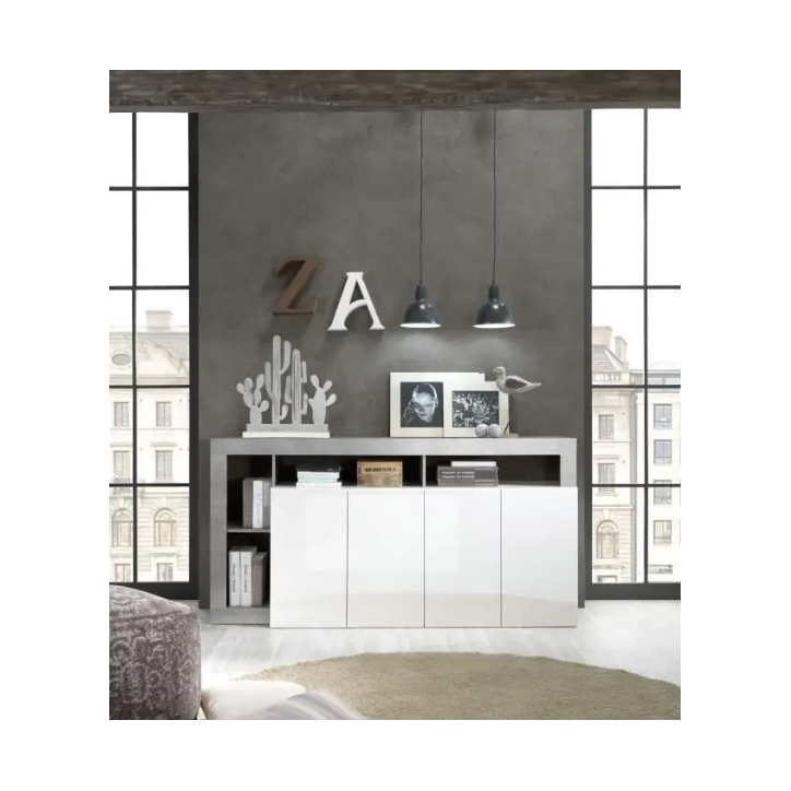 Credenza HAMBURG – Bianco laccato lucido / Cemento Credenza HAMBURG – Bianco laccato lucido / Cemento
