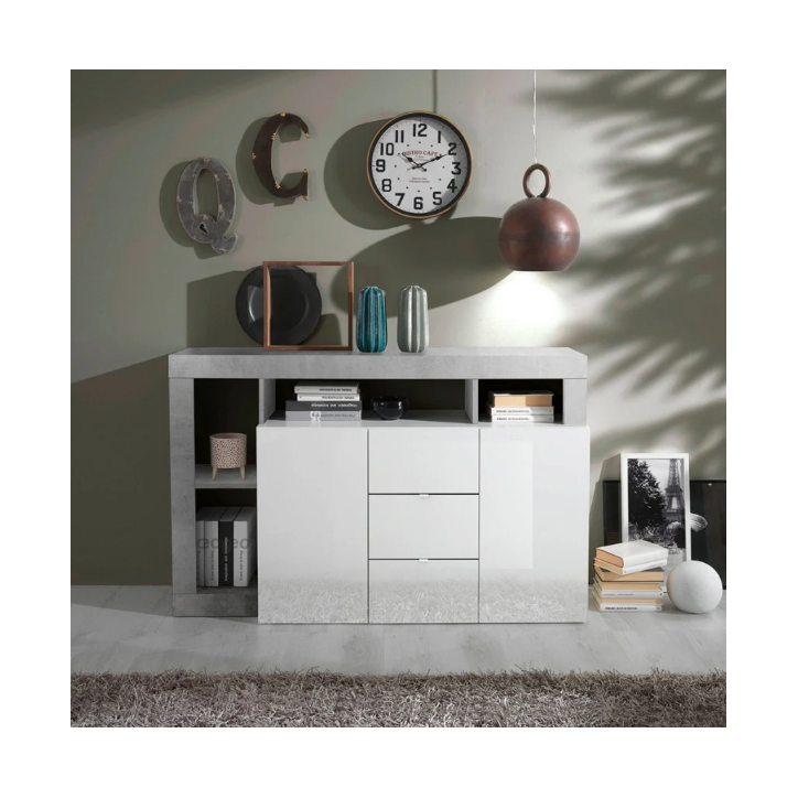 Credenza HAMBURG – Bianco laccato lucido / Cemento Credenza HAMBURG – Bianco laccato lucido / Cemento