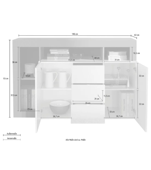 Credenza HAMBURG – Bianco laccato lucido / Cemento
