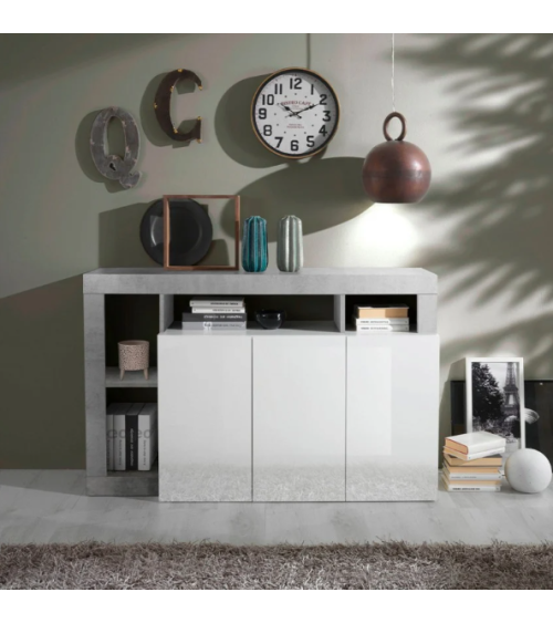 Credenza HAMBURG a 3 ante – Bianco laccato lucido / Cemento