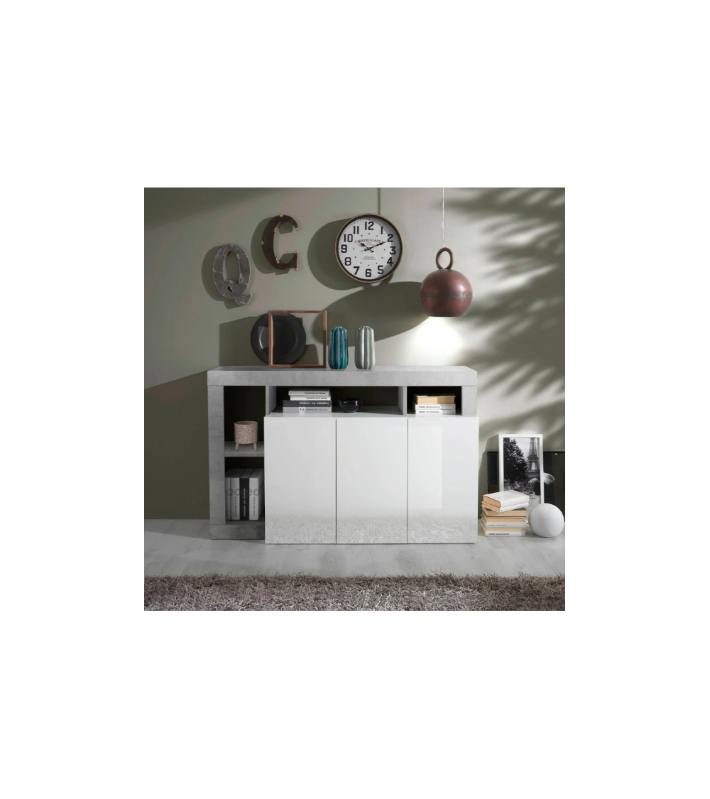 Buffet HAMBURG 3 portes – Blanc laqué brillant / Béton