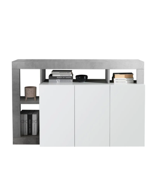Credenza HAMBURG a 3 ante – Bianco laccato lucido / Cemento