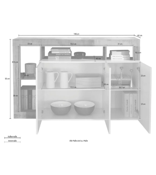 Credenza HAMBURG a 3 ante – Bianco laccato lucido / Cemento