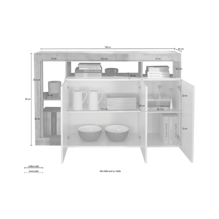Credenza HAMBURG a 3 ante – Bianco laccato lucido / Cemento