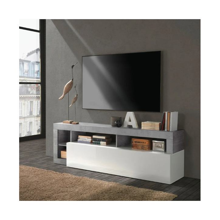 Meuble TV HAMBURG – Blanc laqué brillant / Béton